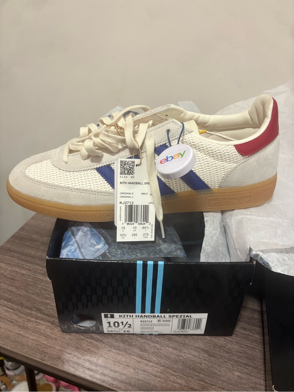 Kith Handball Spezial Sneakers in Cream with Blue Stripes and Red Heel